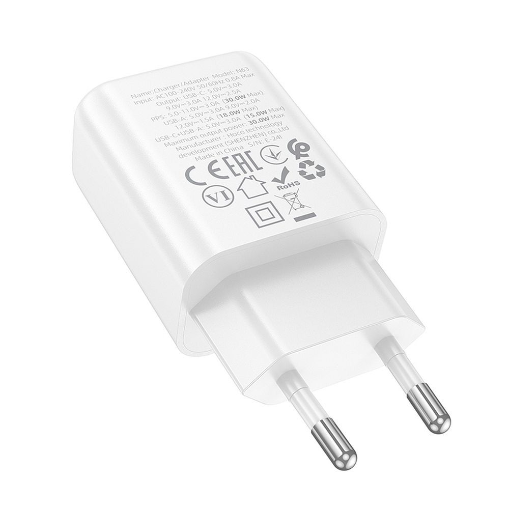 Netzladegerät HOCO N63, 30W, 3A, 1 x USB-A - 1 x USB-C, Weiß
