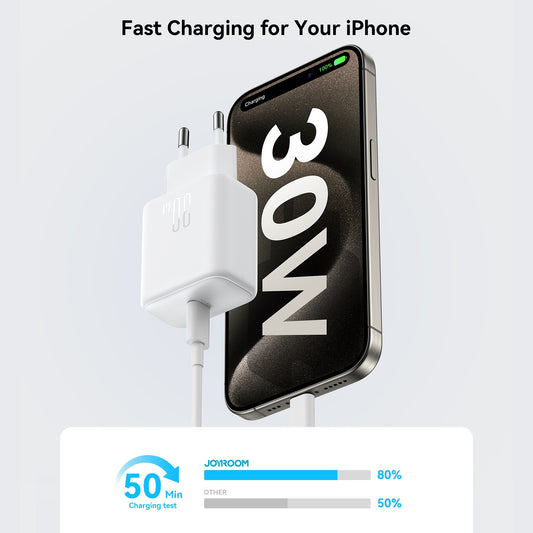 Chargeur réseau avec câble USB-C Joyroom JR-TCF24, 30W, 3A, 1 x USB-C, Blanc