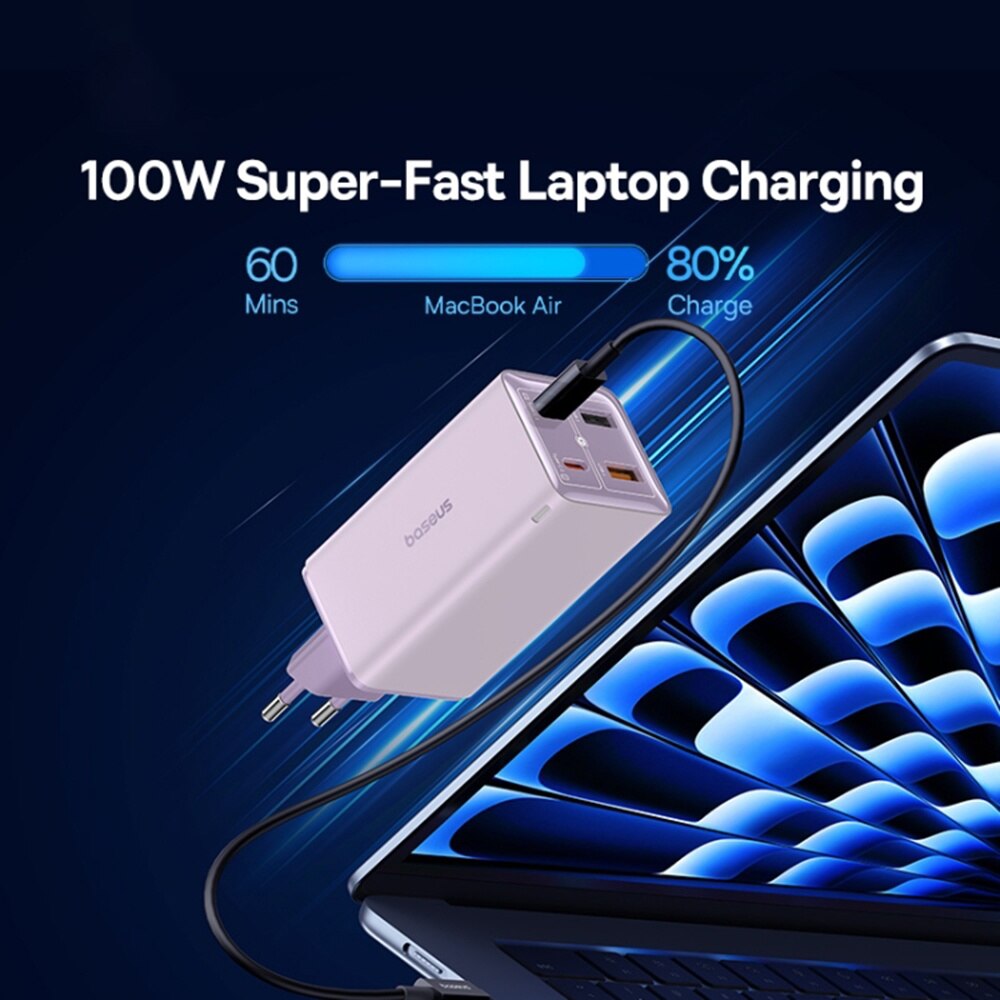 Chargeur réseau avec câble USB-C Baseus GaN6 Pro, 100W, 3.25A, 2 x USB-A - 2 x USB-C, Mauve P10162705532-00