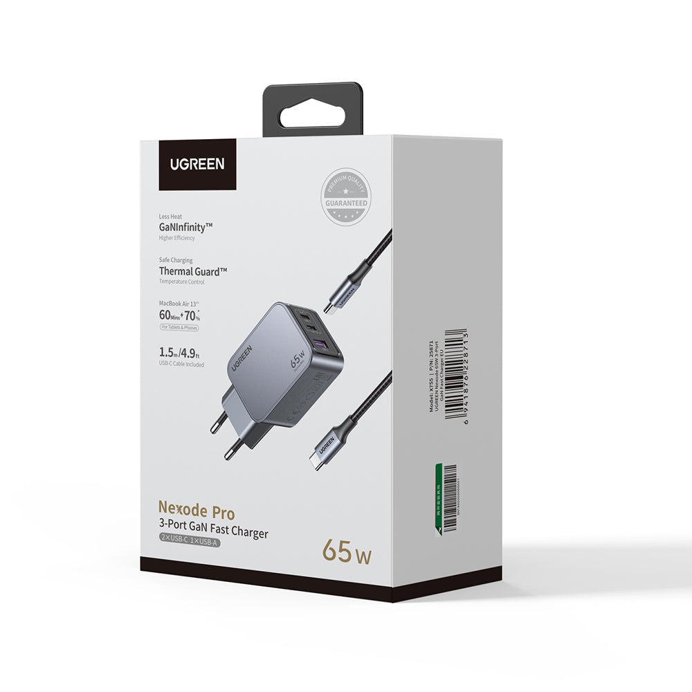 Chargeur réseau avec câble USB-C UGREEN X755 Nexode Pro, 65W, 3A, 1 x USB-A - 2 x USB-C, Gris