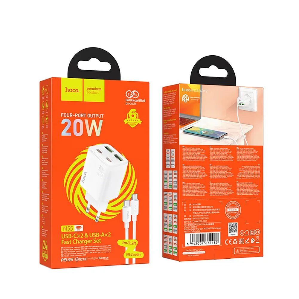 Chargeur réseau avec câble USB-C HOCO N55, 20W, 3A, 2 x USB-A - 2 x USB-C, Blanc