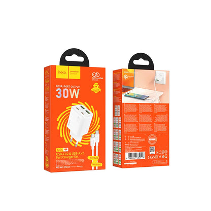 Chargeur réseau avec câble USB-C HOCO N56, 30W, 3A, 2 x USB-A - 2 x USB-C, Blanc