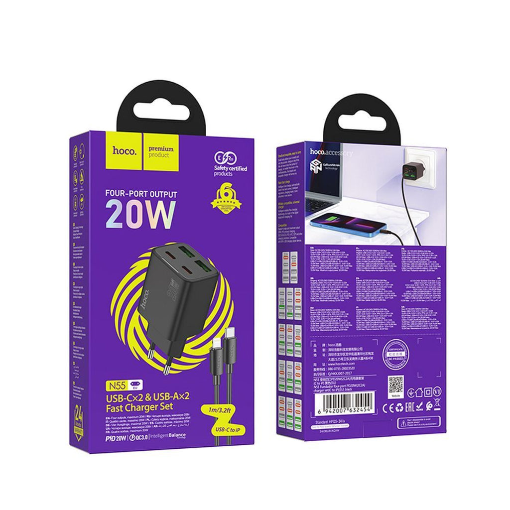 Network Charger with Lightning Cable HOCO N55, 20W, 3A, 2 x USB-A - 2 x USB-C, Black