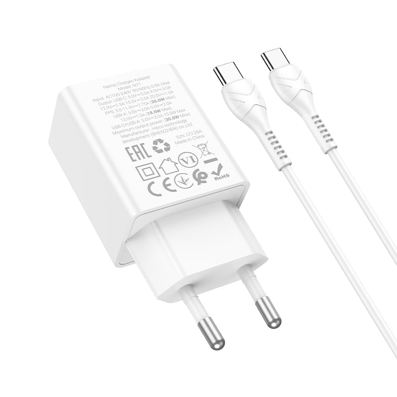 Chargeur réseau avec câble USB-C HOCO N71, 30W, 3A, 1 x USB-A - 1 x USB-C, Blanc