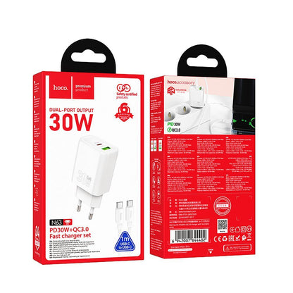 Chargeur réseau avec câble USB-C HOCO N63, 30W, 3A, 1 x USB-A - 1 x USB-C, Blanc