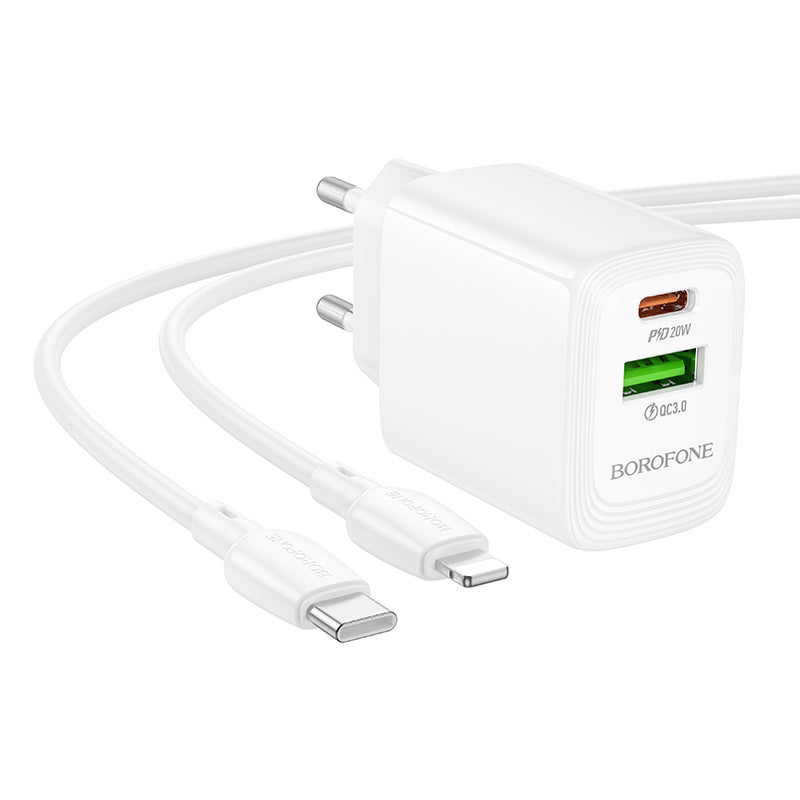 Chargeur réseau avec câble Lightning Borofone BN27 Fuente, 20W, 3A, 1 x USB-A - 1 x USB-C, Blanc