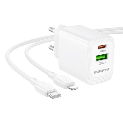 Chargeur réseau avec câble Lightning Borofone BN27 Fuente, 20W, 3A, 1 x USB-A - 1 x USB-C, Blanc