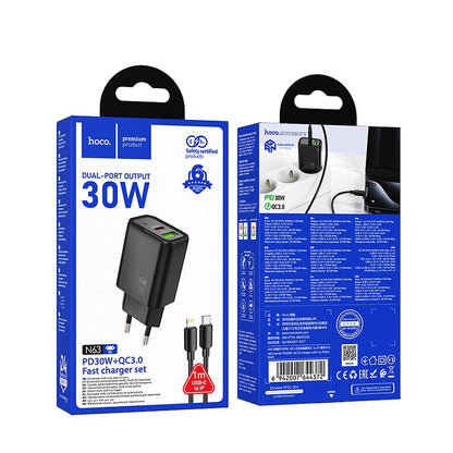 Netzladegerät mit Lightning-Kabel HOCO N63, 30W, 3A, 1 x USB-A - 1 x USB-C, Schwarz