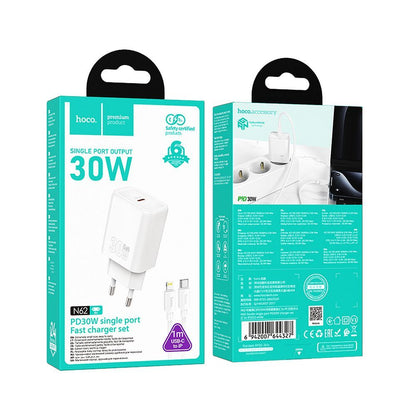 Chargeur réseau avec câble Lightning HOCO N62, 30W, 3A, 1 x USB-C, Blanc