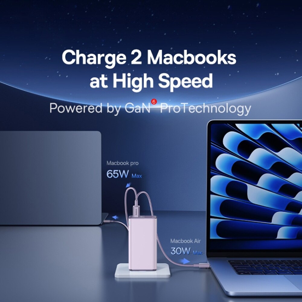Chargeur réseau avec câble USB-C Baseus GaN6 Pro, 100W, 3.25A, 2 x USB-A - 2 x USB-C, Mauve P10162705532-00