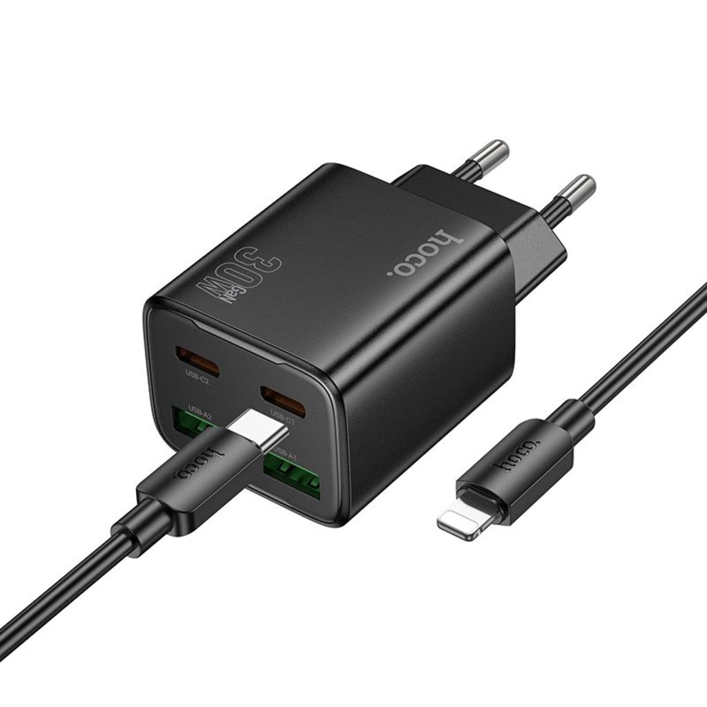 Netzladegerät mit Lightning-Kabel HOCO N56, 30W, 3A, 2 x USB-A - 2 x USB-C, Schwarz