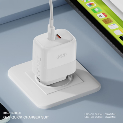 Chargeur réseau avec câble USB-C XO Design L140, 35W, 3A, 2 x USB-C, Blanc