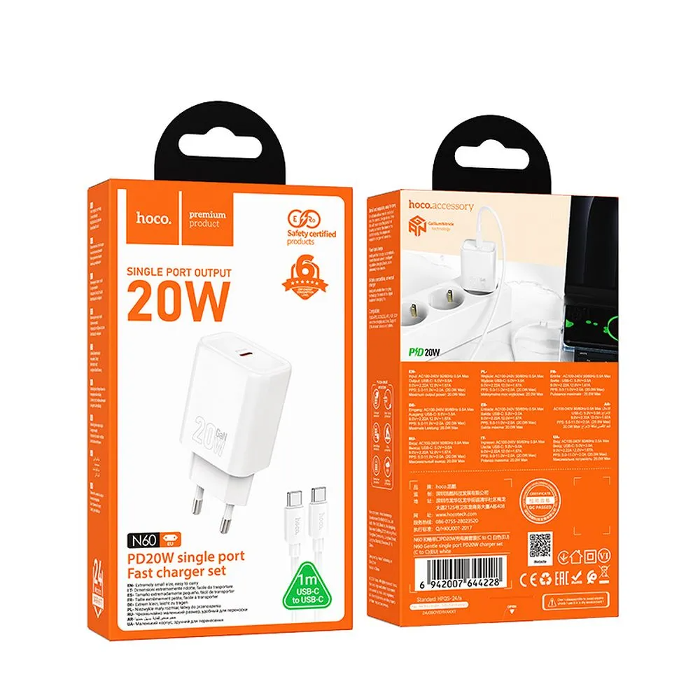 Network Charger with Lightning Cable HOCO N60, 20W, 3A, 1 x USB-C, White