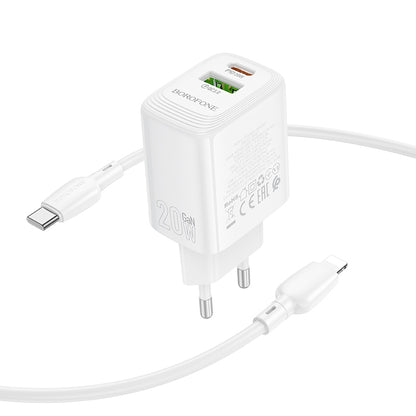 Chargeur réseau avec câble Lightning Borofone BN27 Fuente, 20W, 3A, 1 x USB-A - 1 x USB-C, Blanc