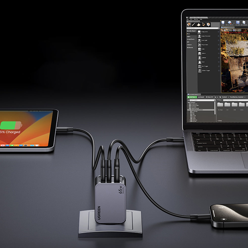 Chargeur réseau avec câble USB-C UGREEN X755 Nexode Pro, 65W, 3A, 1 x USB-A - 2 x USB-C, Gris