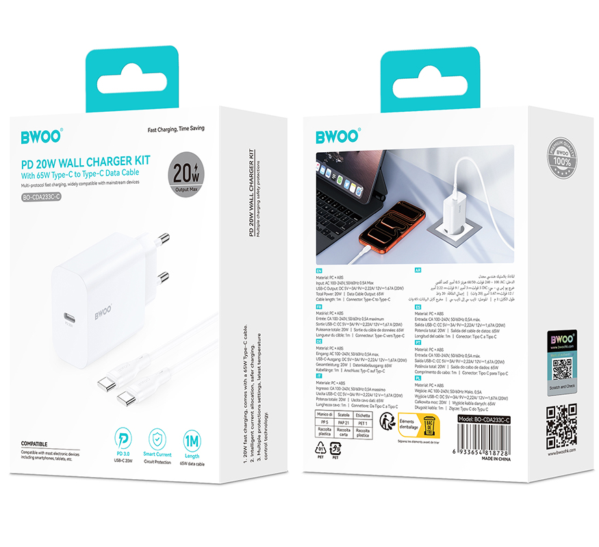 Chargeur réseau avec câble USB-C BWOO CDA233, 20W, 3A, 1 x USB-C, Blanc