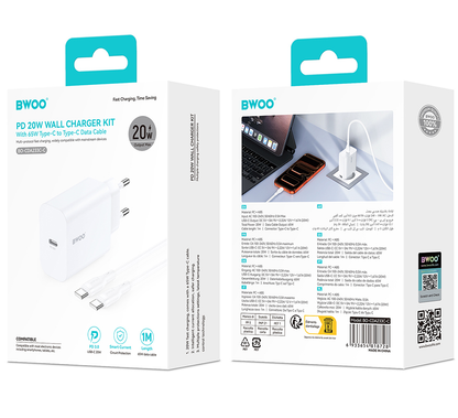 Chargeur réseau avec câble USB-C BWOO CDA233, 20W, 3A, 1 x USB-C, Blanc