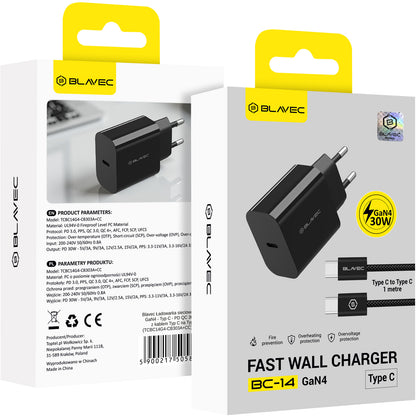 Chargeur secteur avec câble USB-C Blavec BC-14, 30 W, 3 A, 1 x USB-C, noir