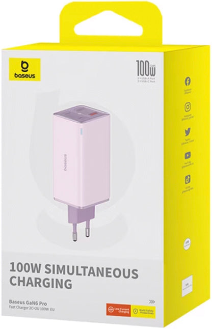 Chargeur réseau avec câble USB-C Baseus GaN6 Pro, 100W, 3.25A, 2 x USB-A - 2 x USB-C, Mauve P10162705532-00