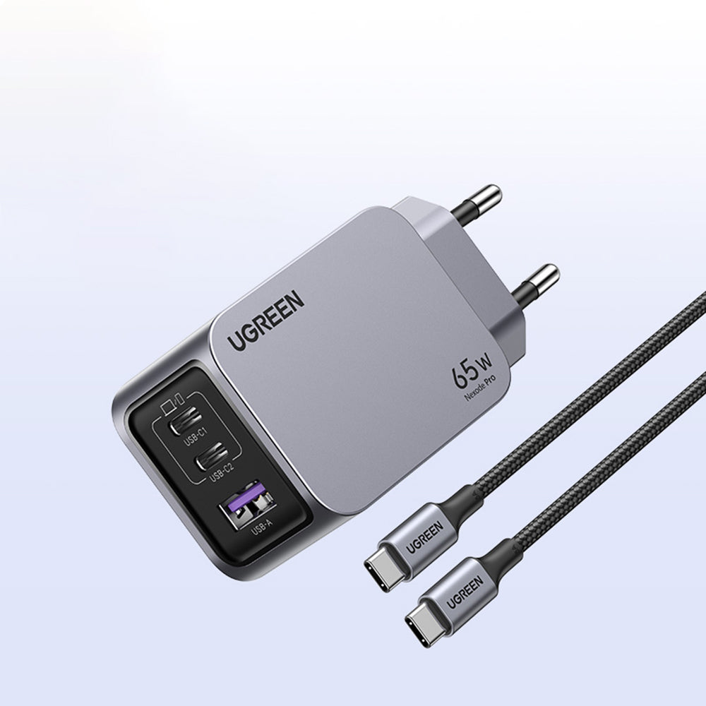 Chargeur réseau avec câble USB-C UGREEN X755 Nexode Pro, 65W, 3A, 1 x USB-A - 2 x USB-C, Gris