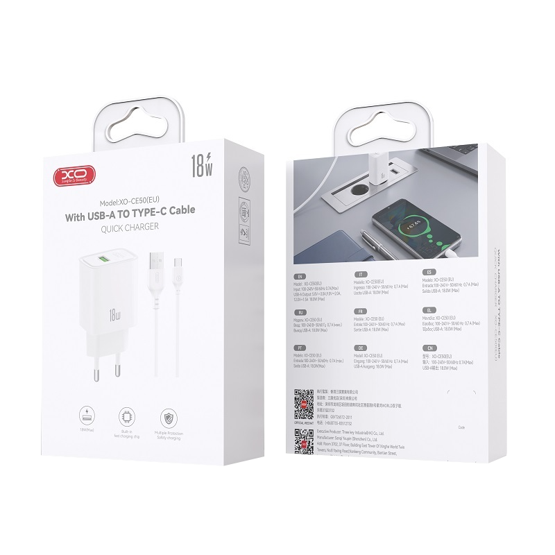Chargeur secteur avec câble USB-C XO Design CE50, 18 W, 3 A, 1 port USB-A, blanc