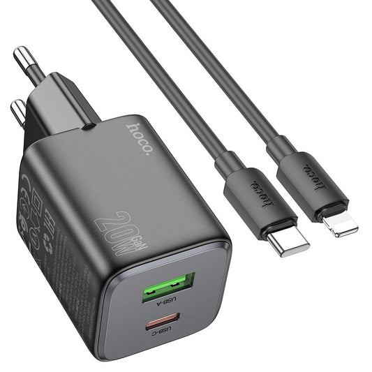 Chargeur réseau avec câble Lightning HOCO N41, 20W, 3A, 1 x USB-A - 1 x USB-C, Noir