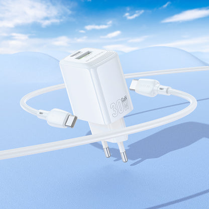 Network Charger with USB-C Cable Borofone BN29 Fuente, 30W, 3A, 1 x USB-A - 1 x USB-C, White