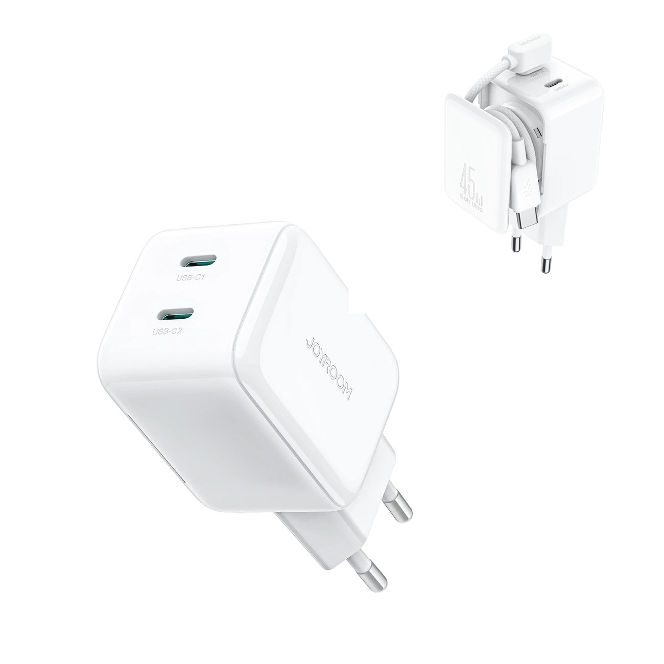 Chargeur réseau avec câble USB-C Joyroom JR-TCL05, 45W, 3A, 2 x USB-C, Blanc