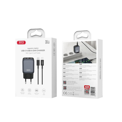 Chargeur réseau avec câble Lightning XO Design L156, 30W, 3A, 1 x USB-A - 1 x USB-C, Noir