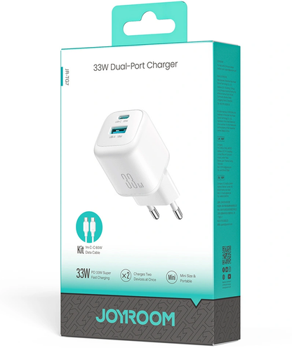 Chargeur secteur avec câble USB-C Joyroom JR-TG7, 33W, 3A, 1 x USB-A - 1 x USB-C, Blanc