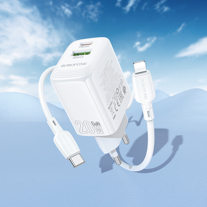 Chargeur réseau avec câble Lightning Borofone BN27 Fuente, 20W, 3A, 1 x USB-A - 1 x USB-C, Blanc