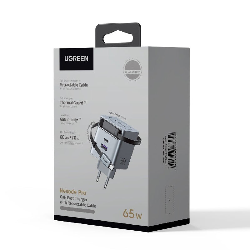 Chargeur réseau avec câble USB-C UGREEN X615, 65W, 3A, 1 x USB-A - 1 x USB-C, Gris