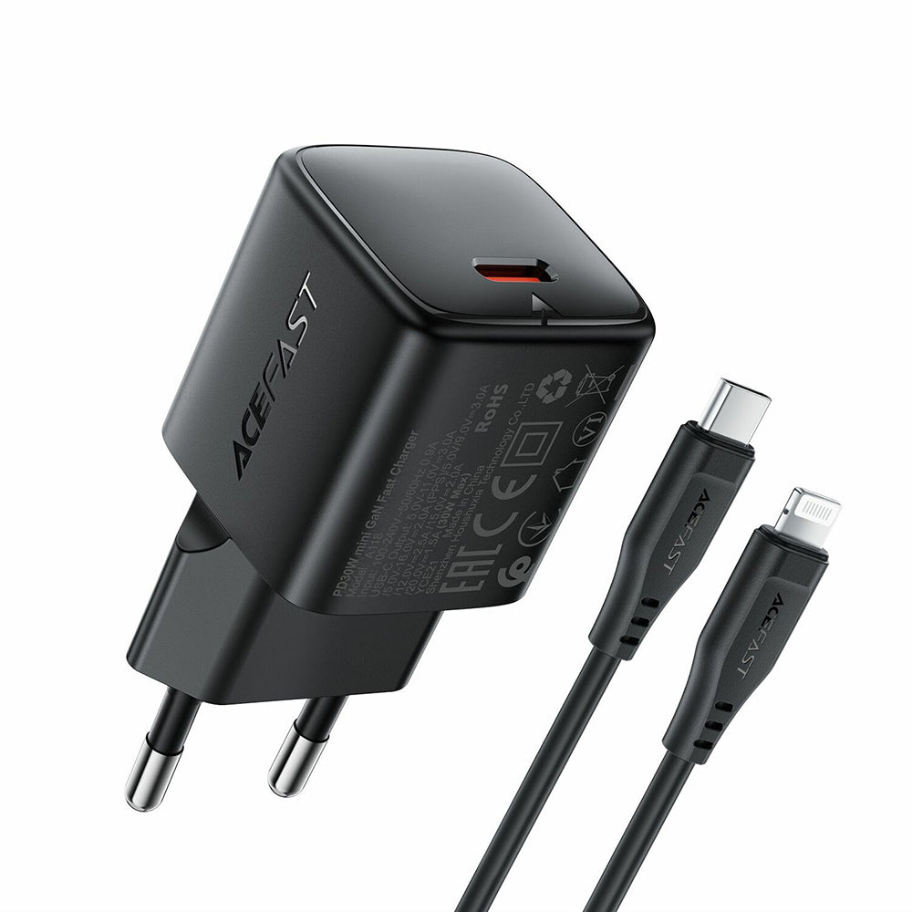 Chargeur secteur avec câble Lightning Acefast A118, 30W, 3A, 1 x USB-C, Noir