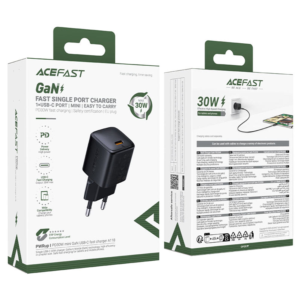 Chargeur secteur avec câble Lightning Acefast A118, 30W, 3A, 1 x USB-C, Noir