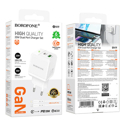 Network Charger with Lightning Cable Borofone BN19 Intenso, 20W, 3A, 1 x USB-A - 1 x USB-C, White