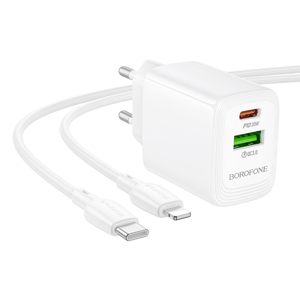 Chargeur réseau avec câble Lightning Borofone BN27 Fuente, 20W, 3A, 1 x USB-A - 1 x USB-C, Blanc