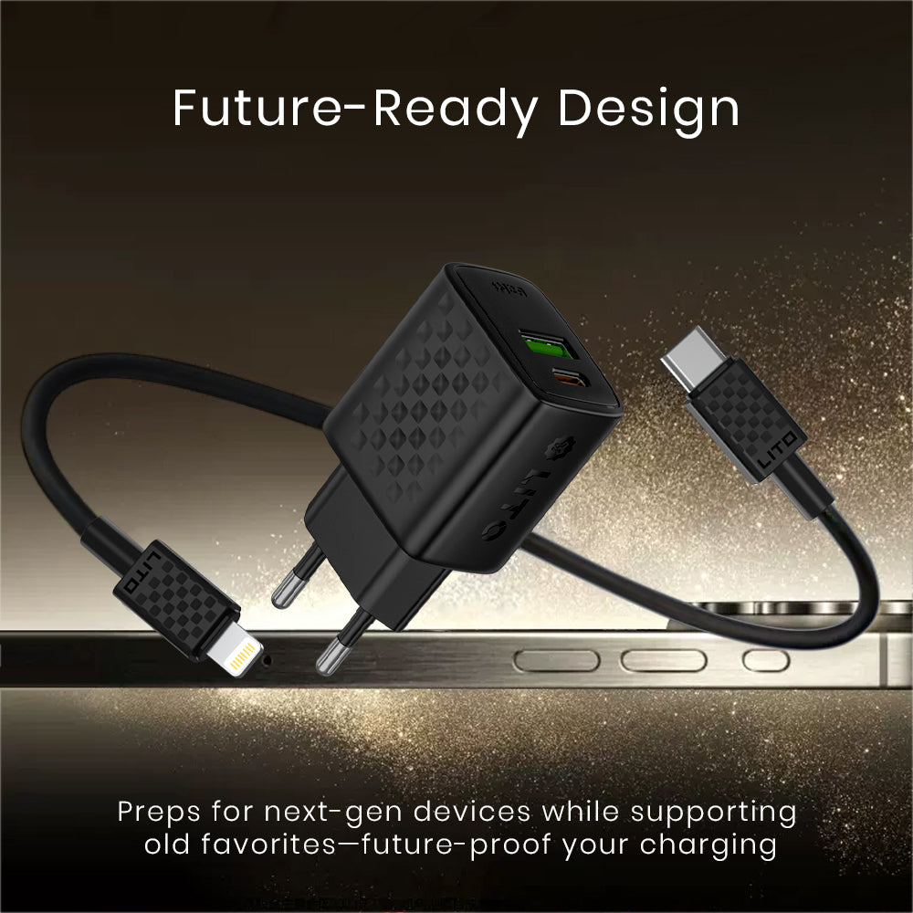 Chargeur réseau avec câble Lightning Lito LC15L, 20W, 3A, 1 x USB-A - 1 x USB-C, Noir