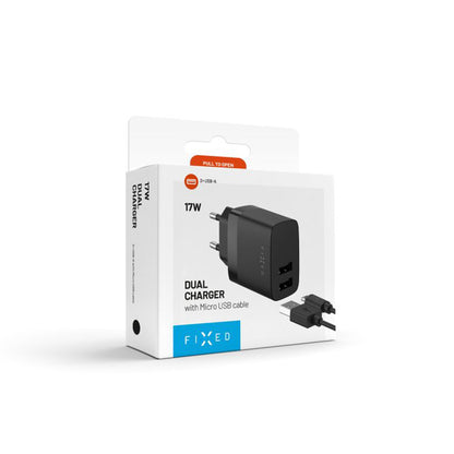 Chargeur réseau avec câble microUSB Fixed, 17W, 3A, 2 x USB-A, Noir