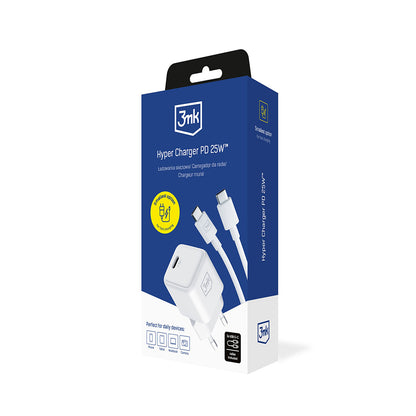 Netzladegerät mit USB-C Kabel 3MK Hyper, 25W, 3A, 1 x USB-C, Weiß