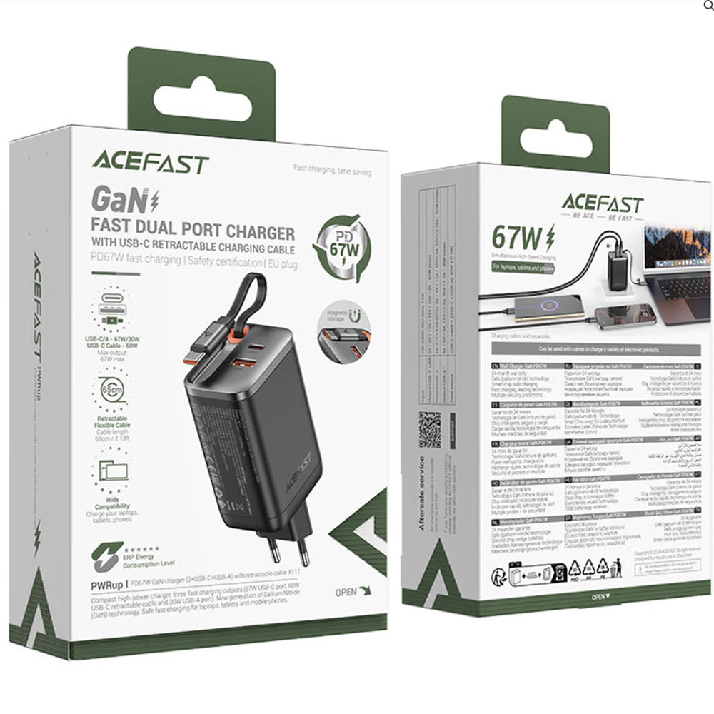 Netzladegerät mit USB-C Kabel Acefast A111, 67W, 3A, 1 x USB-A - 1 x USB-C, Schwarz