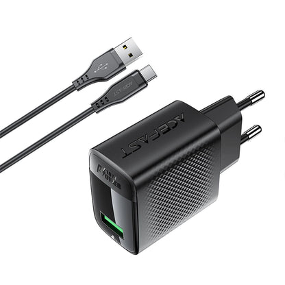 Chargeur réseau avec câble USB-C Acefast A90, 18W, 3A, 1 x USB-A, Noir