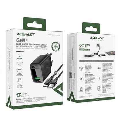 Chargeur réseau avec câble USB-C Acefast A90, 18W, 3A, 1 x USB-A, Noir