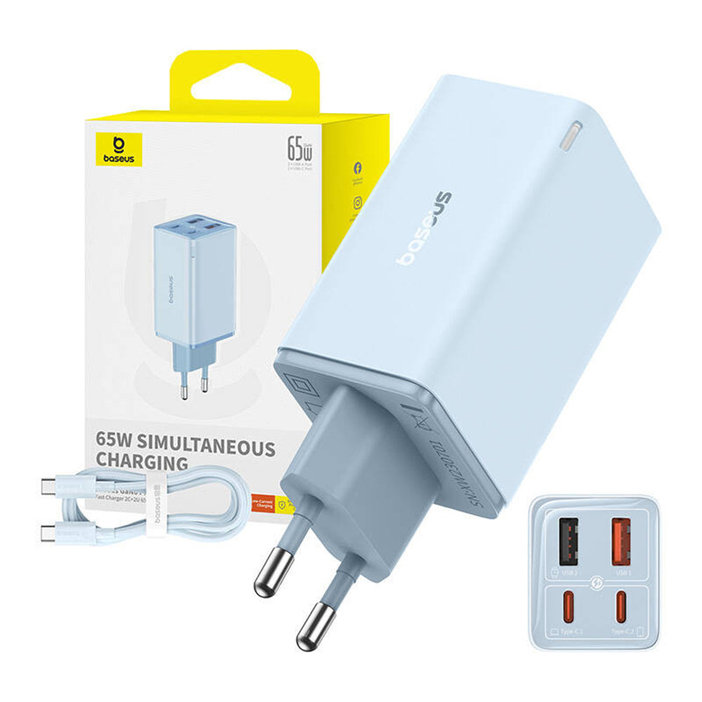 Baseus GaN6 Pro USB-C Cable Wall Charger, 65W, 3.25A, 2 x USB-A - 2 x USB-C, Blue P10162701313-00