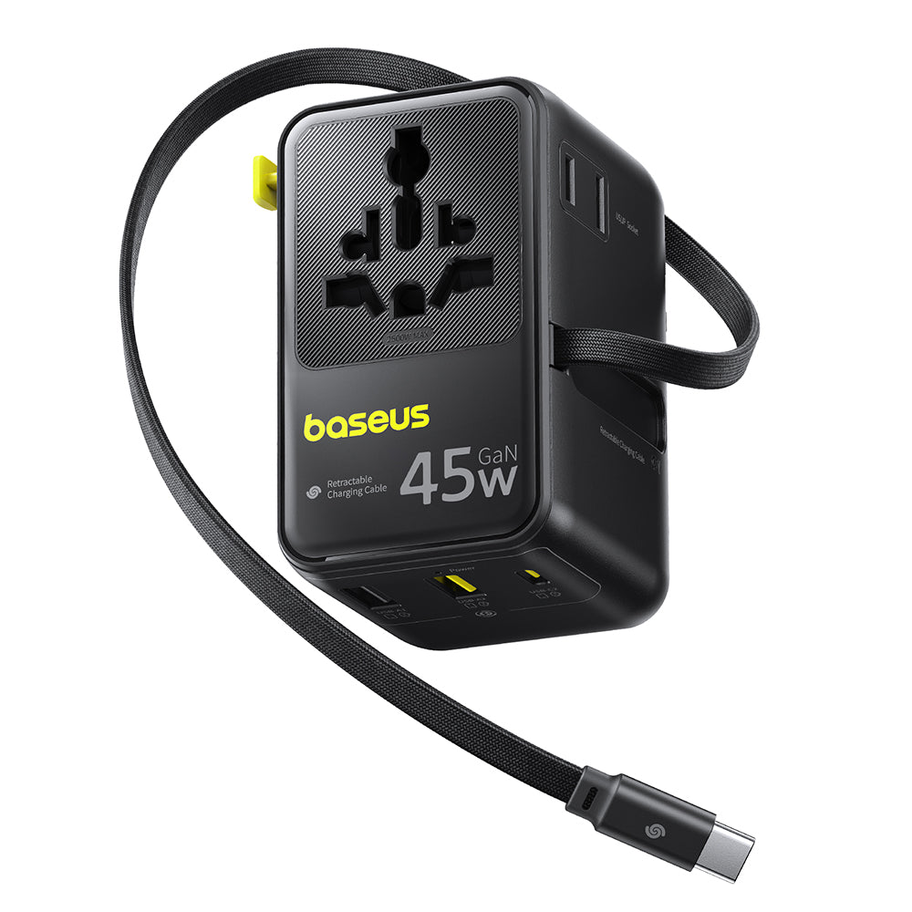 Chargeur secteur avec câble USB-C Baseus Travel PicoGo AG11, 45W, 2 x prise - 1 x USB-C - 2 x USB-A, noir E0307F00