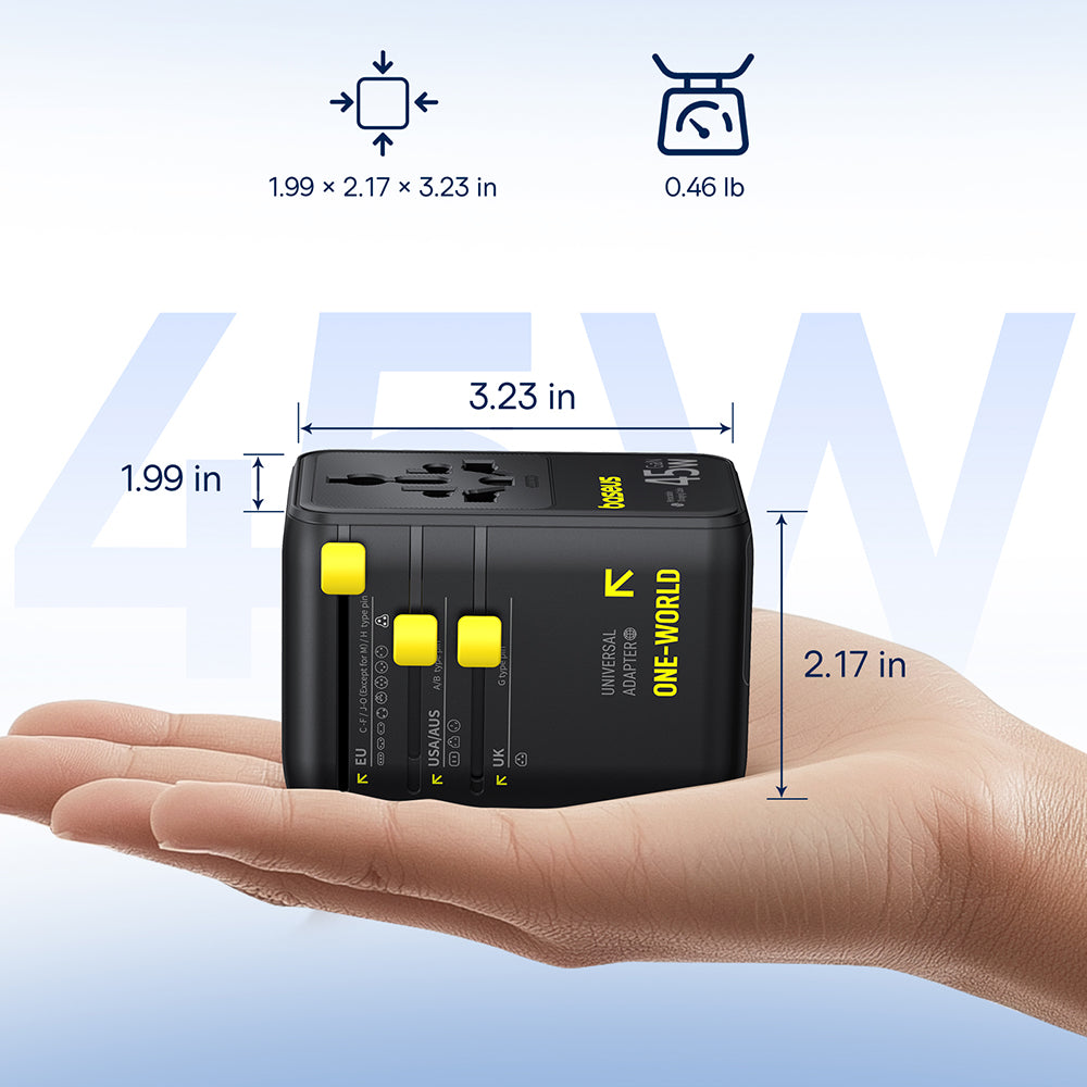 Chargeur secteur avec câble USB-C Baseus Travel PicoGo AG11, 45W, 2 x prise - 1 x USB-C - 2 x USB-A, noir E0307F00