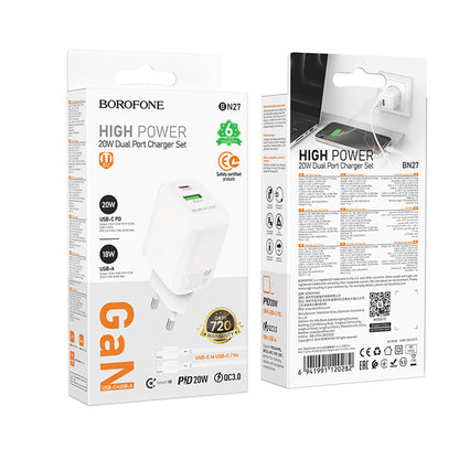 Netzladegerät mit USB-C Kabel Borofone BN27 Fuente, 20W, 3A, 1 x USB-A - 1 x USB-C, Weiß