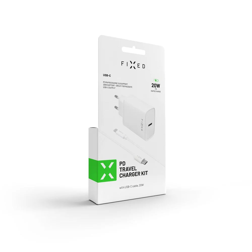 Chargeur réseau avec câble USB-C Fixed, 20W, 3A, 1 x USB-C, Blanc