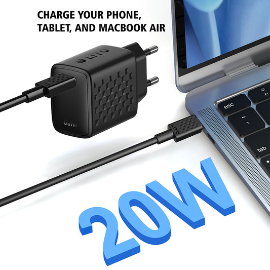 Chargeur réseau avec câble USB-C Lito LC13T, 20W, 3A, 1 x USB-C, Noir