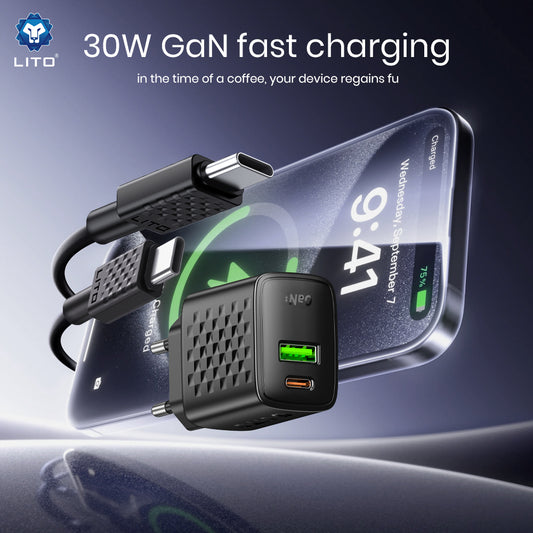 Chargeur réseau avec câble USB-C Lito LC19T, 30W, 3A, 1 x USB-A - 1 x USB-C, Noir