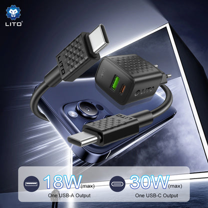 Network Charger with USB-C Cable Lito LC19T, 30W, 3A, 1 x USB-A - 1 x USB-C, Black